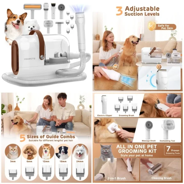 Dog Grooming Vacuum Kit, 7 Tools, Low Noise, Electric Clipper, Brush