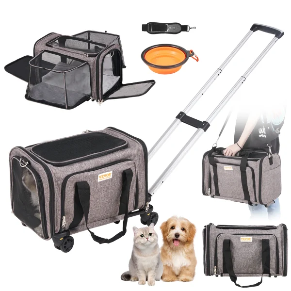 Cat Carrier Breathable, Backpack, Telescopic Handle Wheels, Shoulder Strap